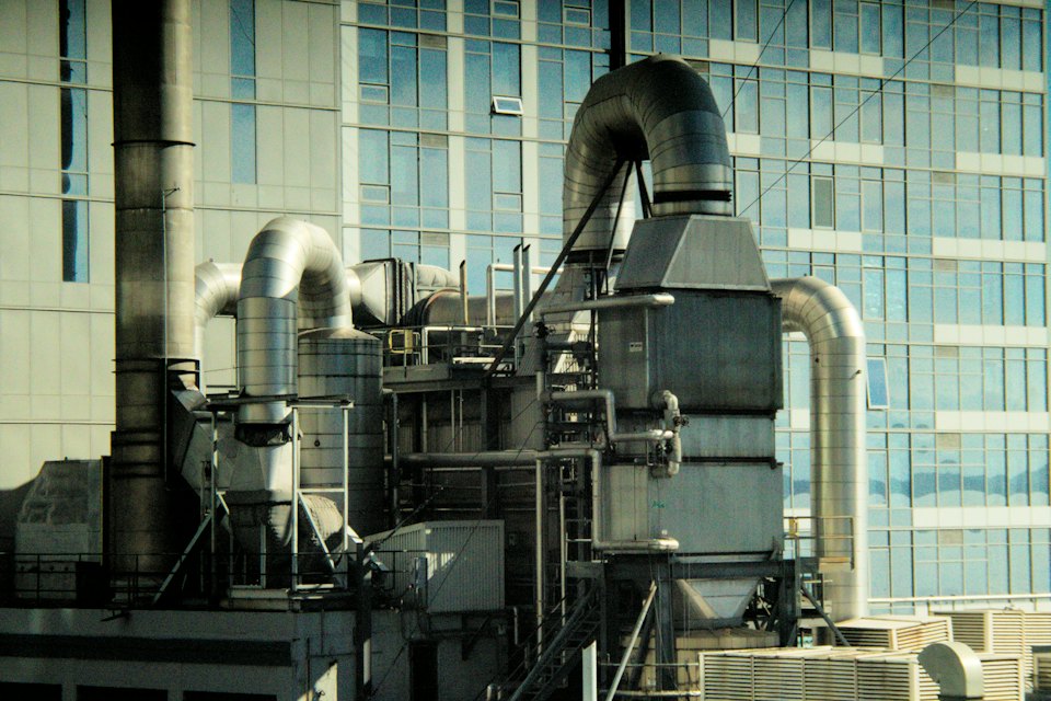 Air-handling plant and ductwork in a building services plant room