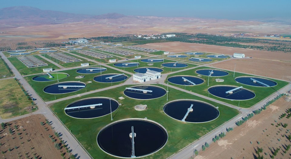 Circular clarifier tanks at a water treatment works